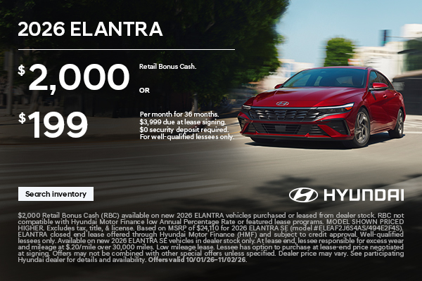 $2,000 Bonus Cash or $199/36/$3,999 Lease