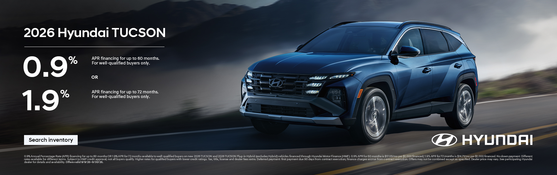 0.9% APR for 60 mos. 1.9% APR for 72 mos.