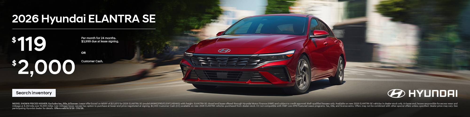 2026 Hyundai Elantra Lease or Customer Cash Offer
