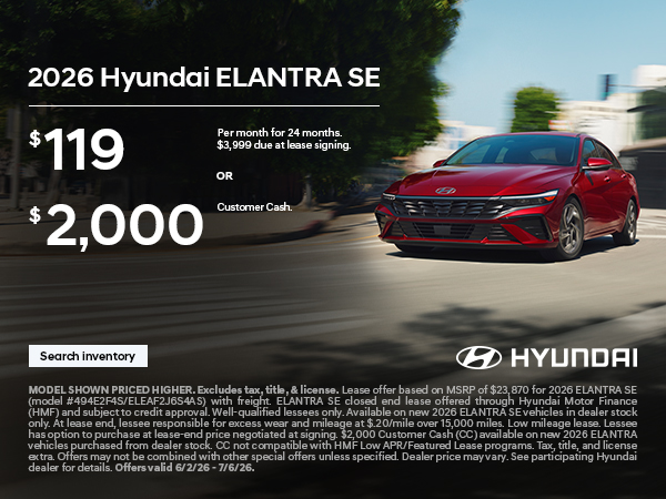 2026 Hyundai Elantra Lease or Customer Cash Offer