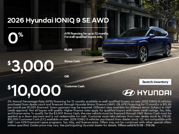 2026 Hyundai IONIQ 9 APR and Bonus Cash or Customer Cash Offer