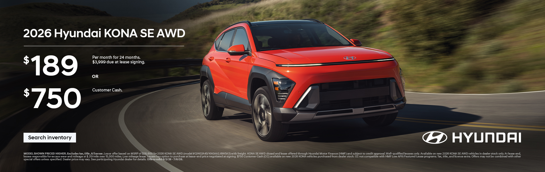 2026 Hyundai Kona  Lease or Customer Cash Offer