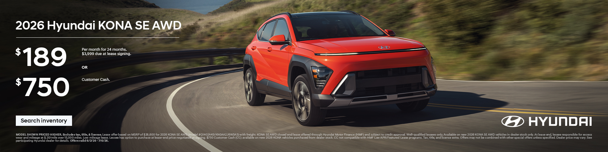2026 Hyundai Kona Lease or Customer Cash Offer