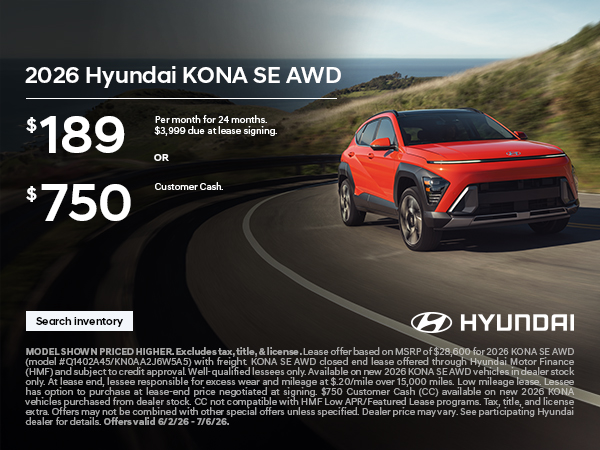 2026 Hyundai Kona Lease or Customer Cash Offer