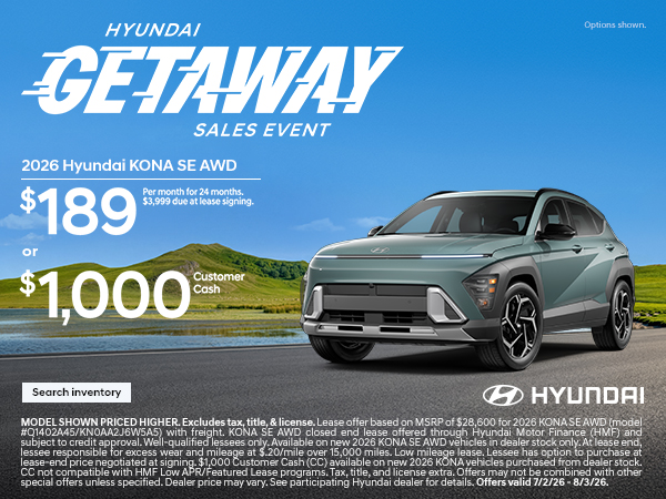 2026 Hyundai Kona Lease or Customer Cash Offer
