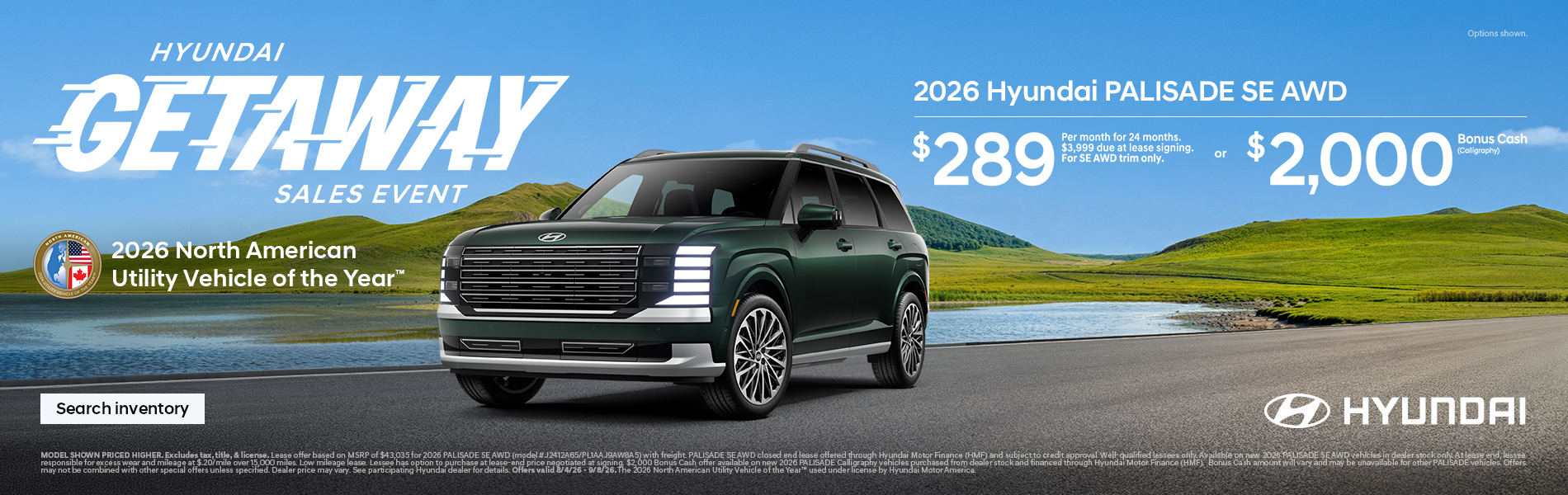 Palisade $289/24/$3,999 Lease or $2,000 Bonus Cash