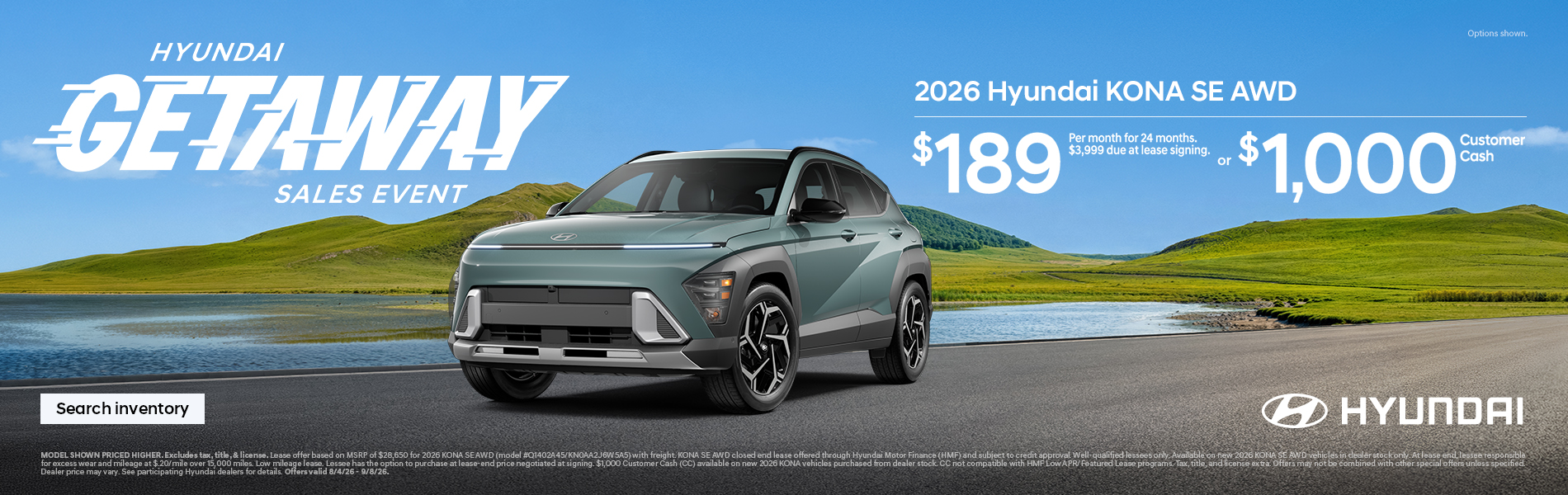 Kona $189/24/$3,999 Lease or $1,000 Customer Cash