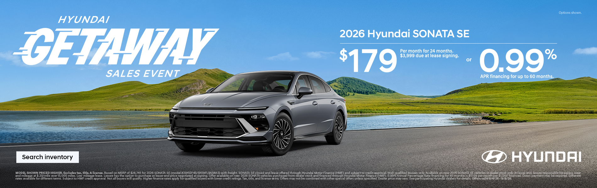 Sonata $179/24/$3,999 Lease or 0.99% APR for 60 mos.