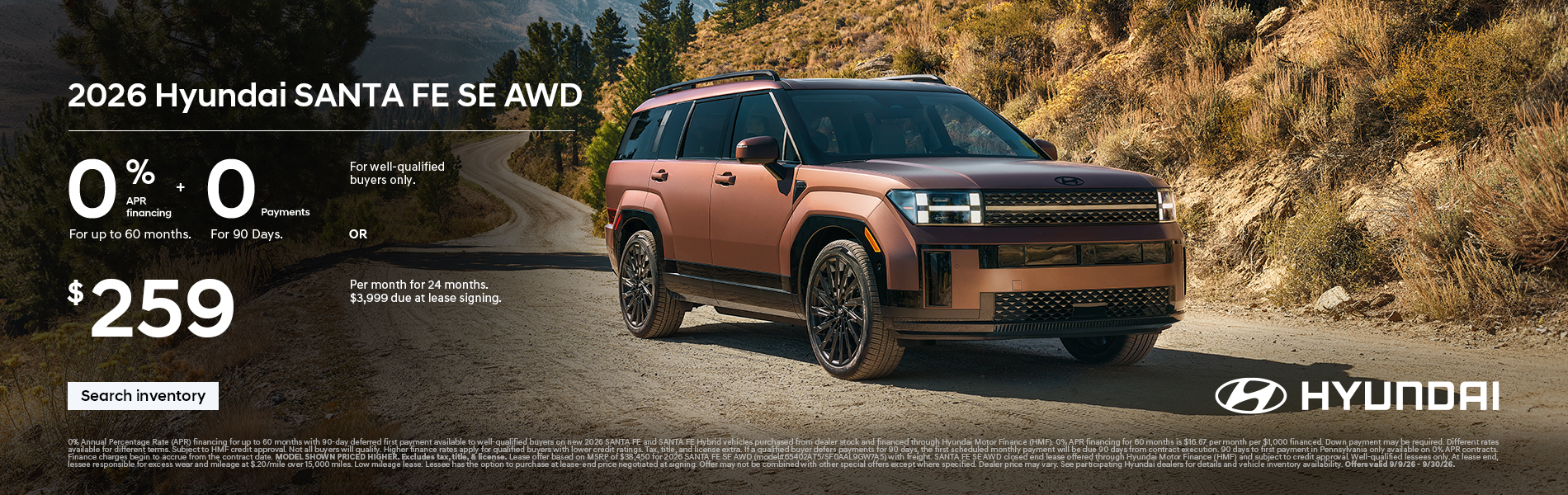 0% APR for 60 months + 0 Payments for 90 Days. OR $259 per month for 24 months $3,999 due at lease s