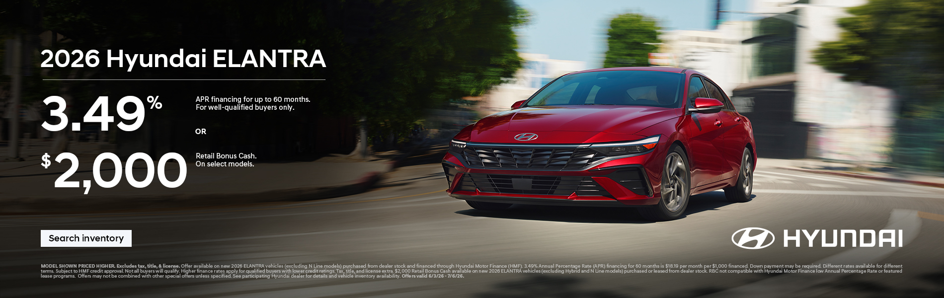 2026 Hyundai Elantra  APR or Bonus Cash Offer