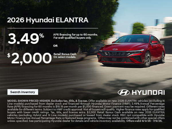 2026 Hyundai Elantra APR or Bonus Cash Offer