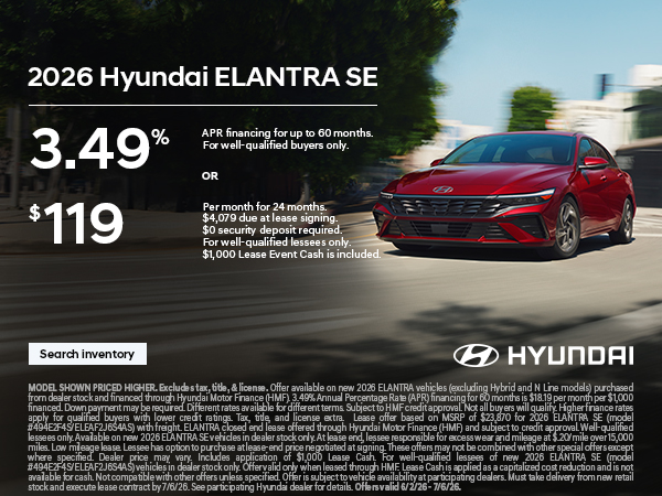 2026 Hyundai Elantra APR or Lease Offer