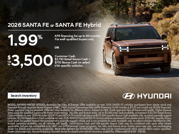 2026 Hyundai Santa Fe, Santa Fe Hybrid APR or Customer Cash Offer
