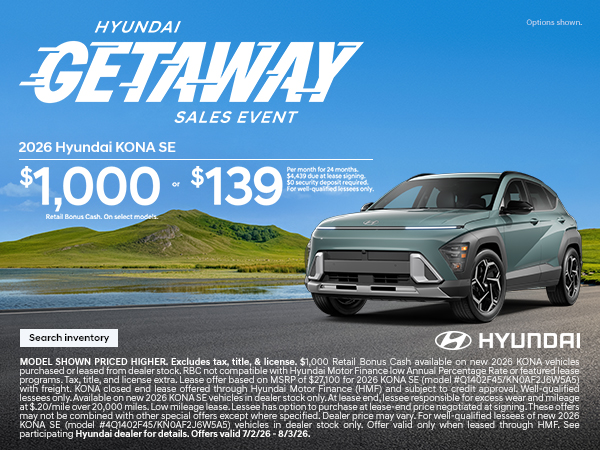 2026 Hyundai Kona Lease or Bonus Cash Offer