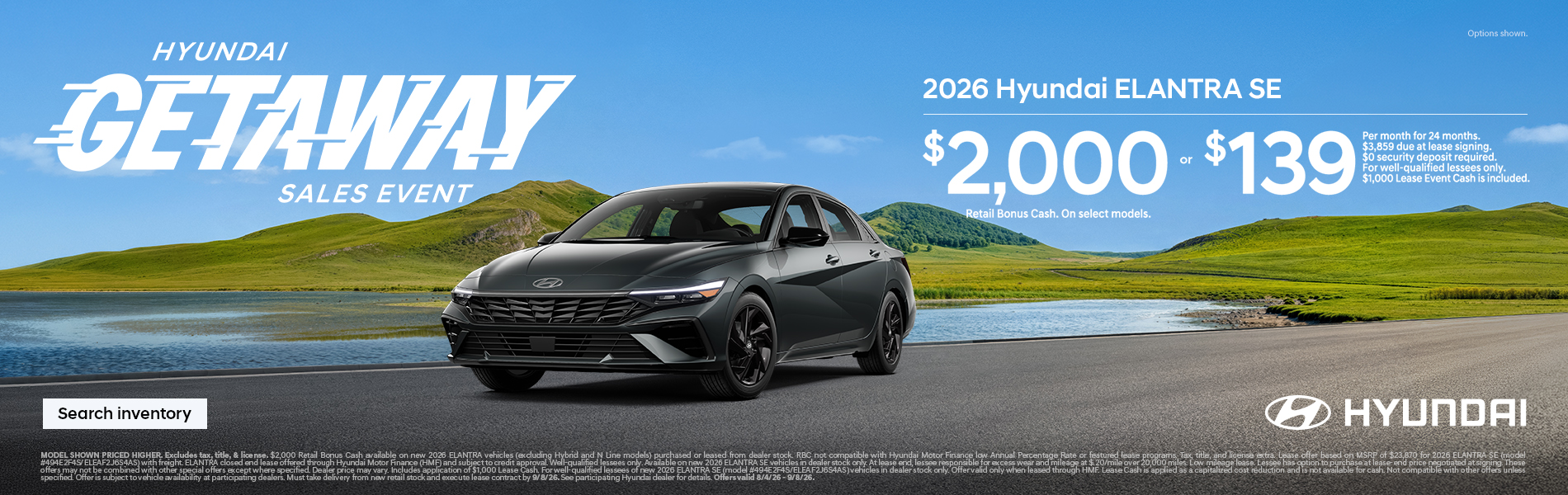 Elantra $2,000 Bonus Cash or $139/24/$3,859 Lease