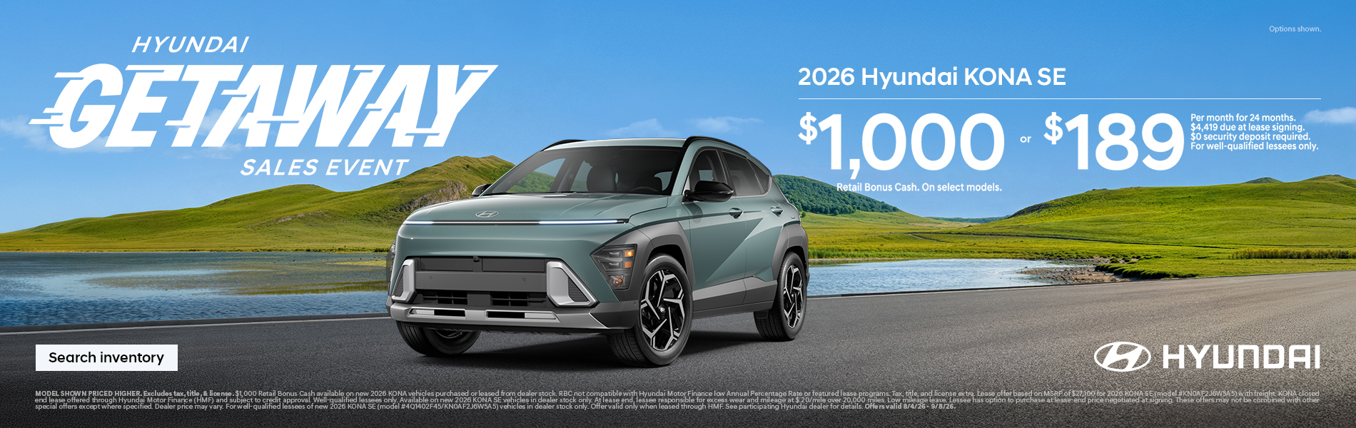 Kona $1,000 Bonus Cash or $189/24/$4,419 Lease