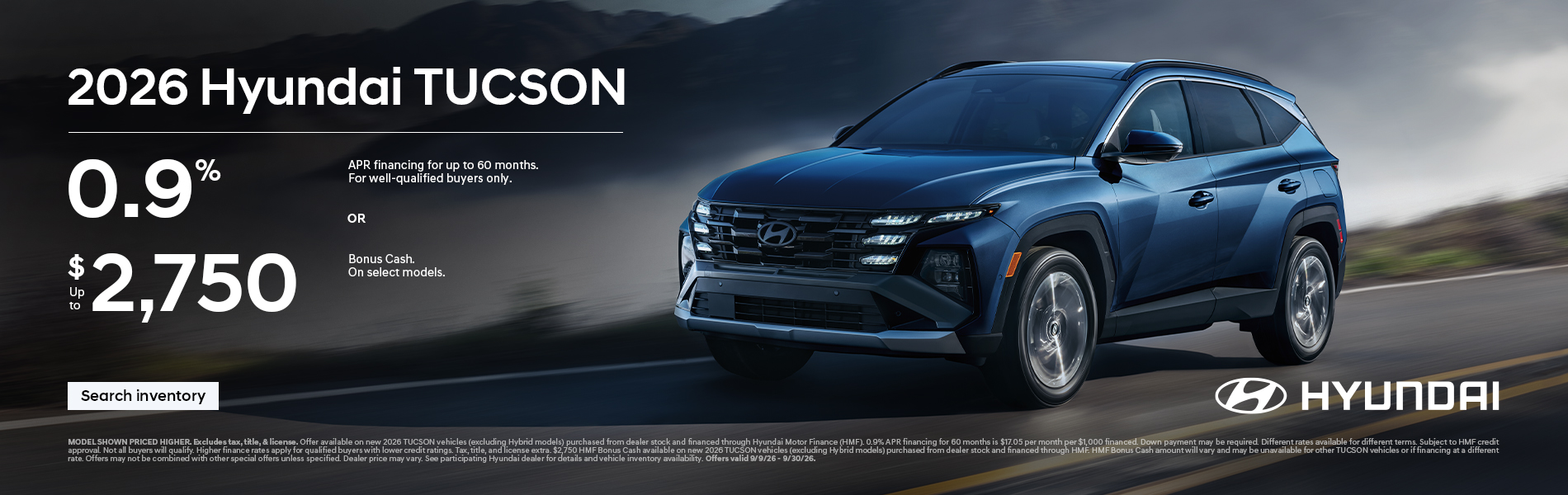 0.9% APR for 60 mos. or $2,750 Bonus Cash