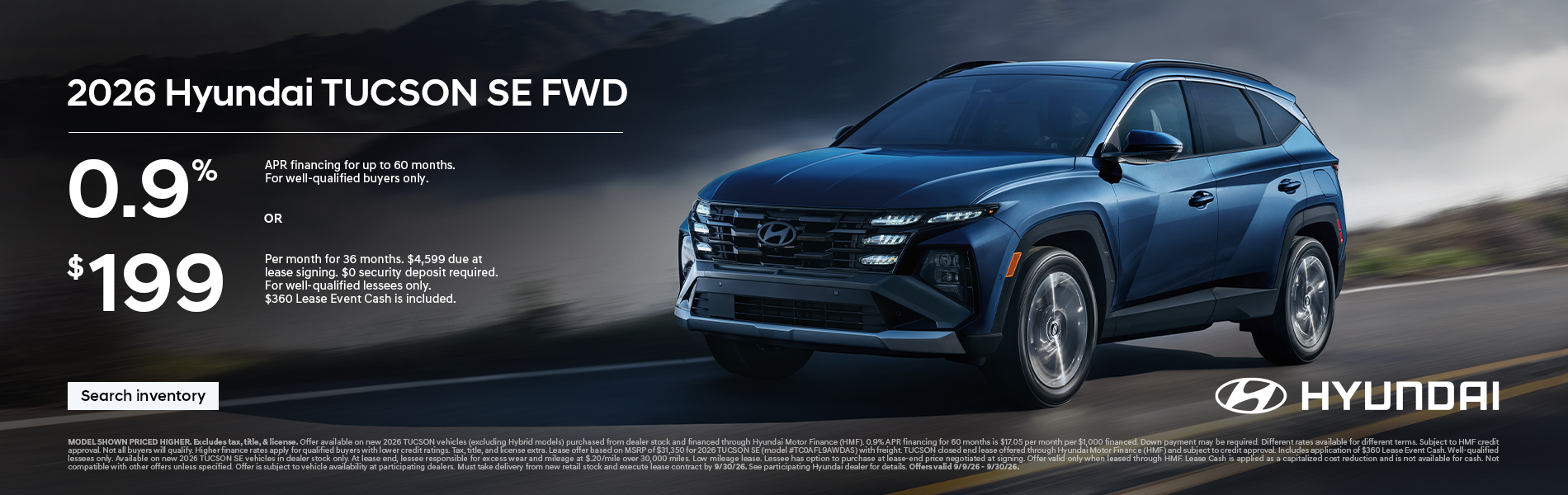 0.9% APR for 60 mos. or $199/36/$4,599 Lease