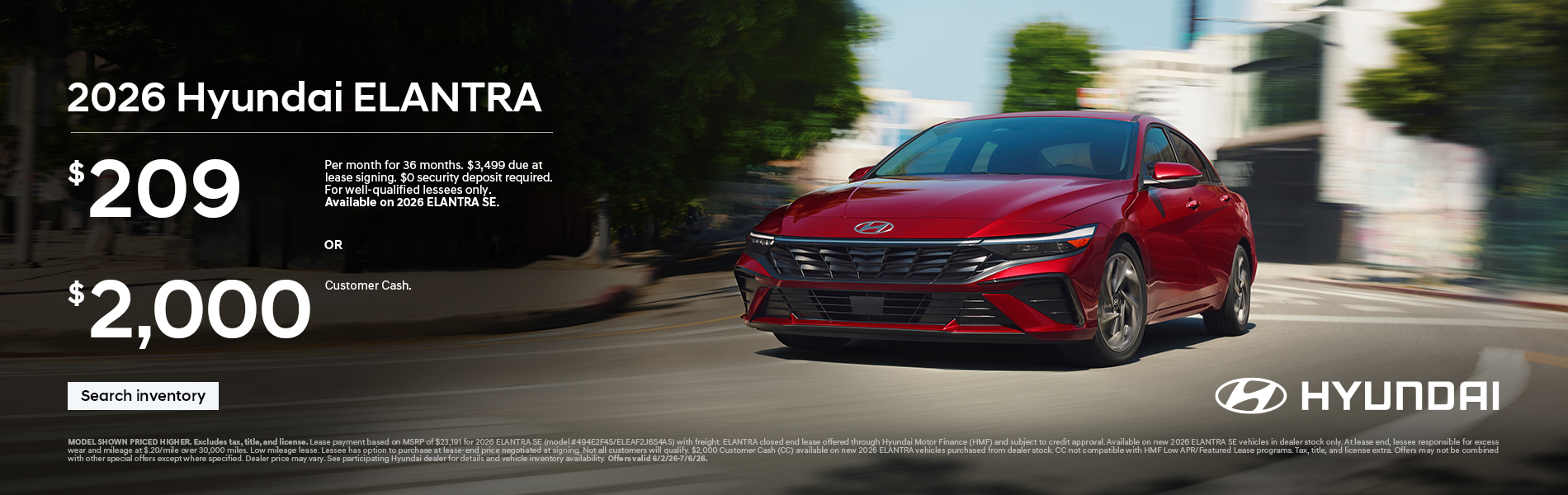 2026 Hyundai Elantra  Lease or Customer Cash Offer