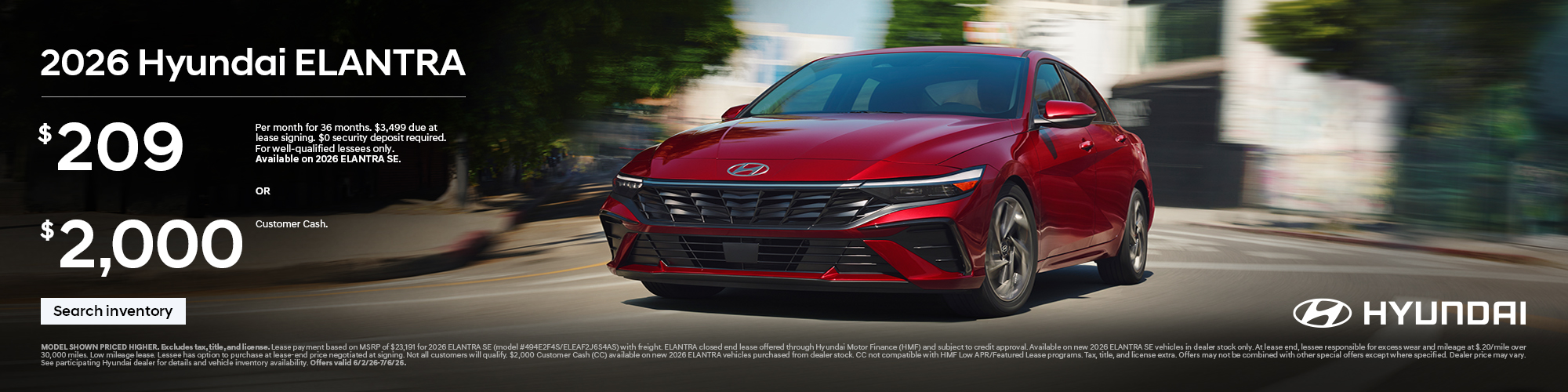 2026 Hyundai Elantra Lease or Customer Cash Offer