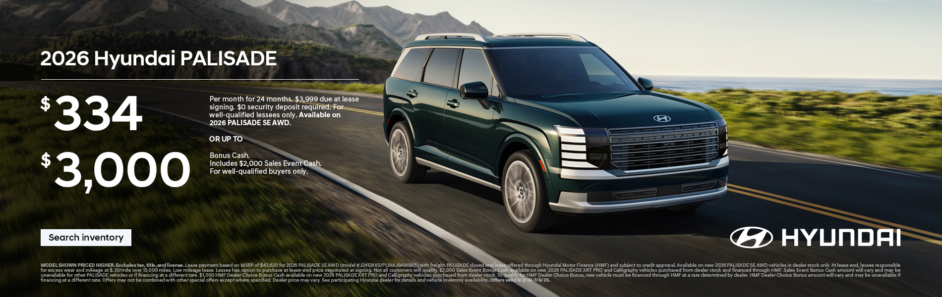 2026 Hyundai Palisade  Lease or Bonus Cash Offer