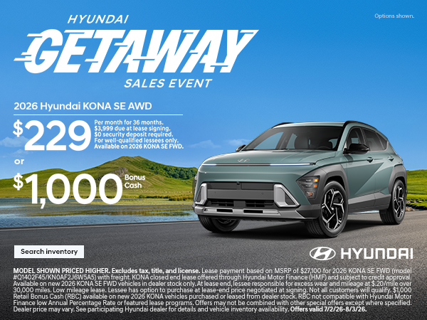 2026 Hyundai Kona Lease or Bonus Cash Offer