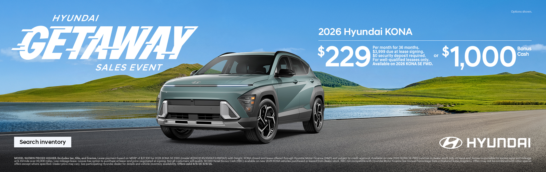 Kona $229/36/$3,999 Lease or $1,000 Bonus Cash