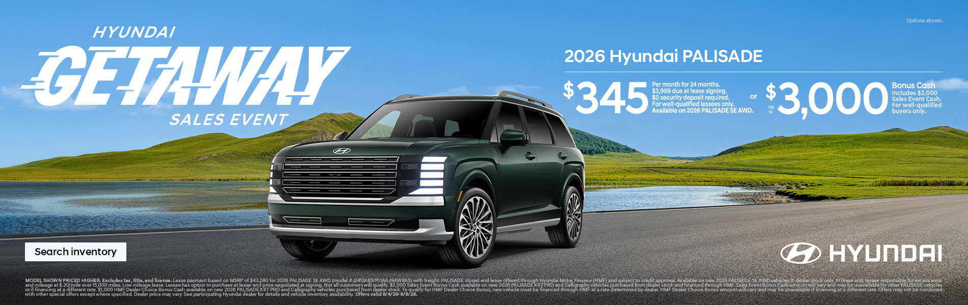 Palisade $345/24/$3,999 Lease or $3,000 Bonus Cash