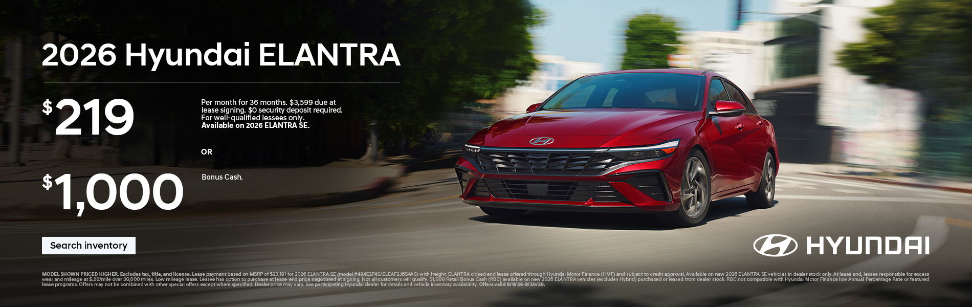 $219/36/$3,599 Lease or $1,000 Bonus Cash