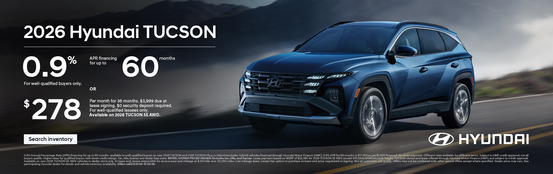 0.9% APR for 60 mos. or $278/36/$3,999 Lease