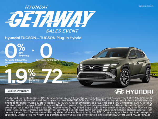 Tucson, Tucson Plug In Hybrid 0% APR for 60 mos. + 0 Payments for 90 Days or 1.9% APR for 72 mos.