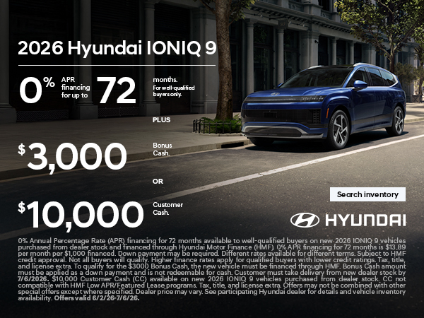 2026 Hyundai IONIQ 9 APR and Bonus Cash or Customer Cash Offer