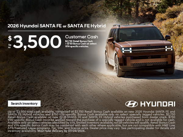 2026 Hyundai Santa Fe, Santa Fe Hybrid Customer Cash Offer